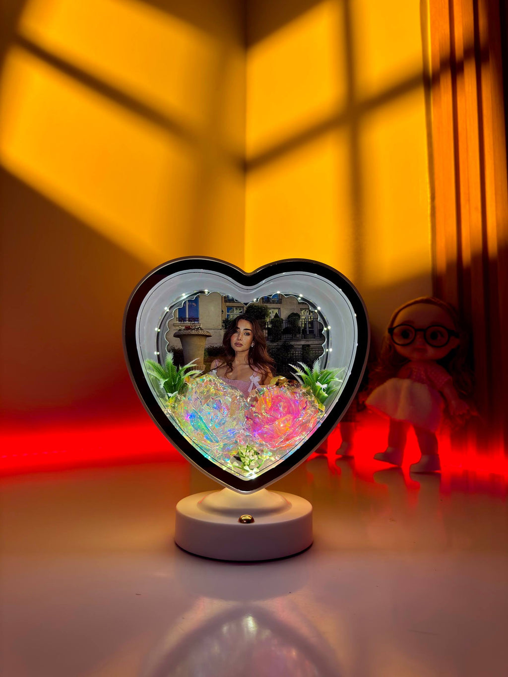Ayat Gifts heart-shaped magic mirror with personalized photo, illuminated LED lights, and decorative flowers
