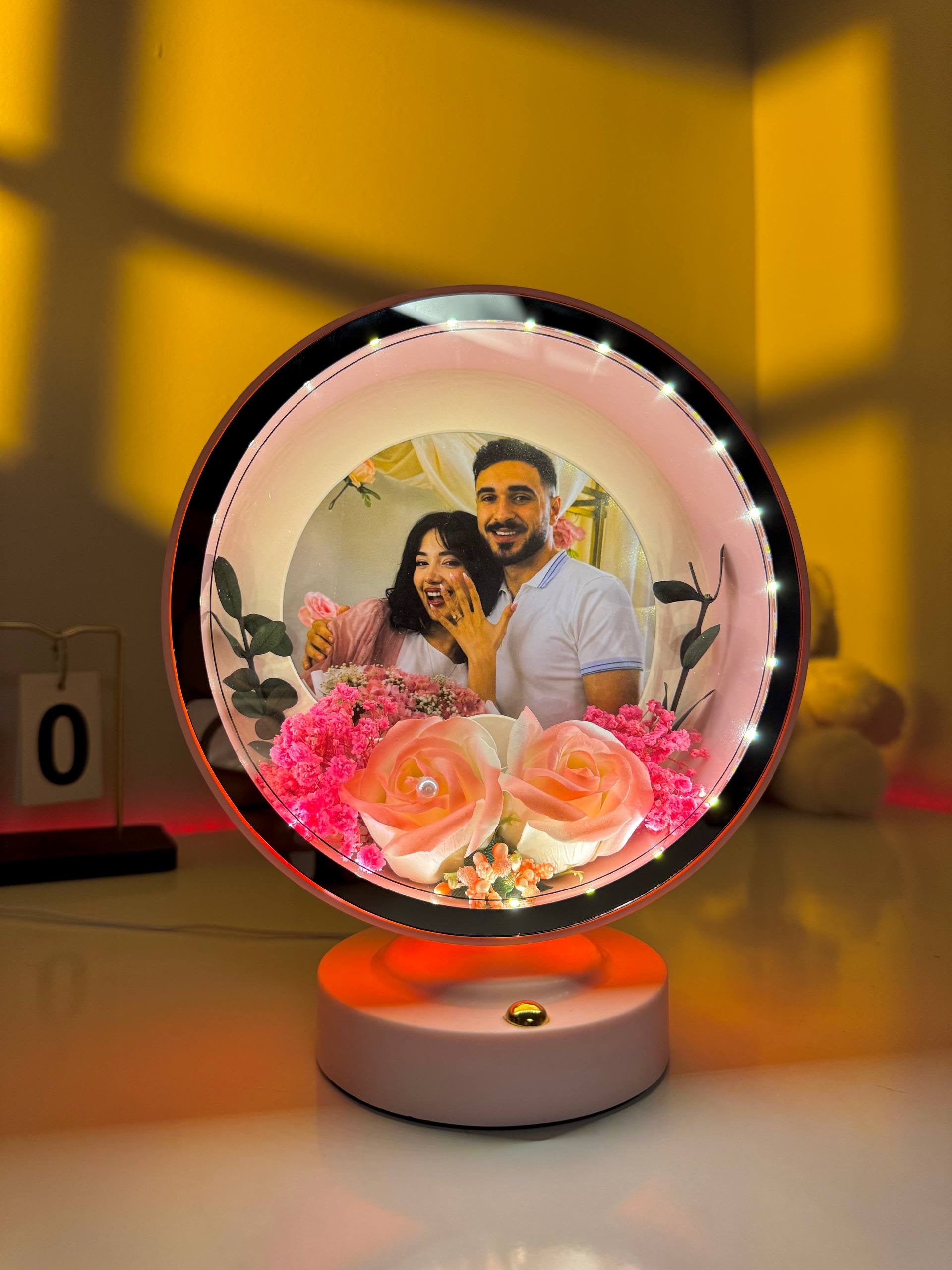 Ayat Gifts magic mirror with romantic couple photo, pink roses, and illuminated LED lights