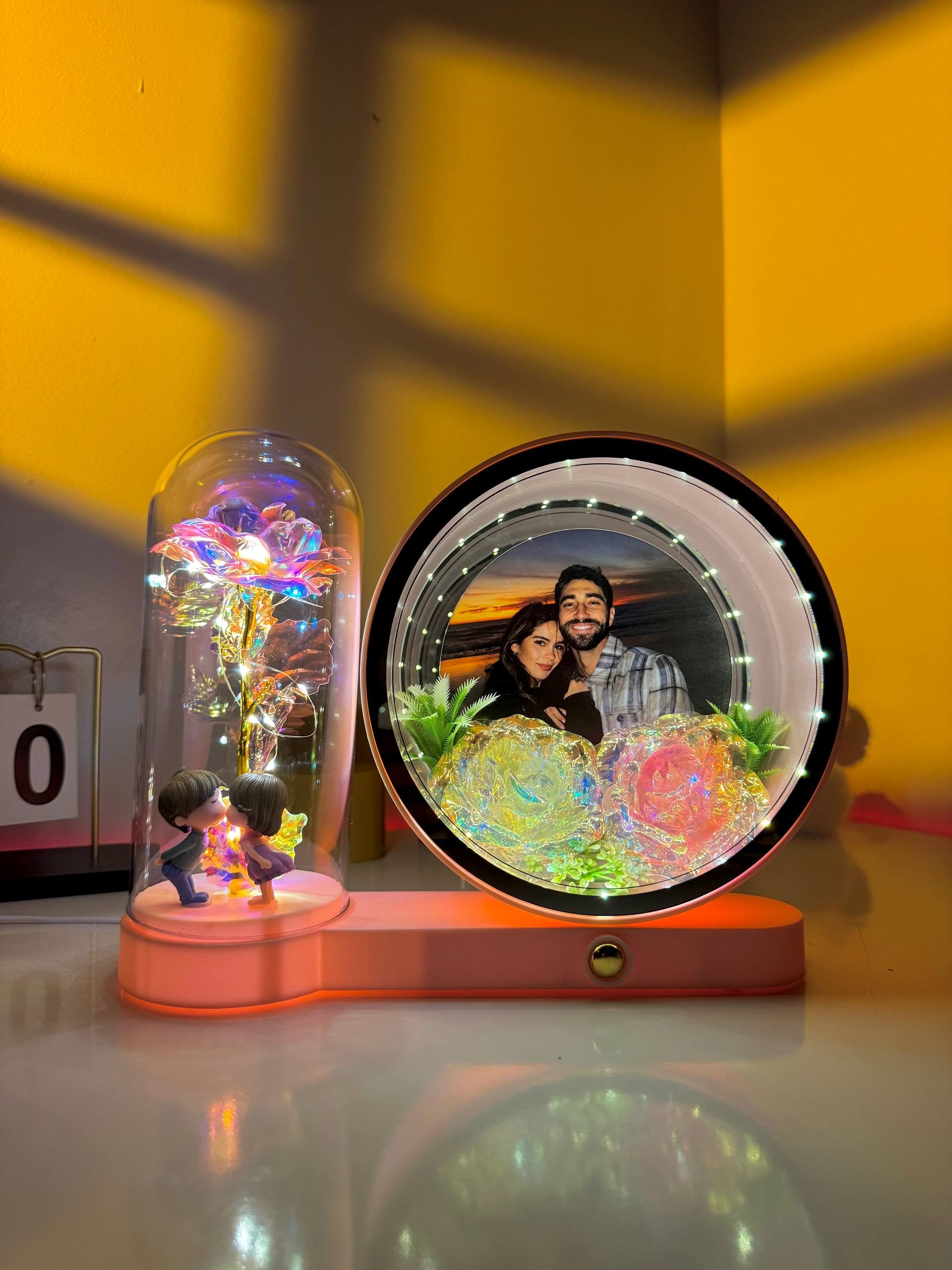 Ayat Gifts magic mirror with romantic couple photo, glowing lights, flower, and kissing couple figurines
