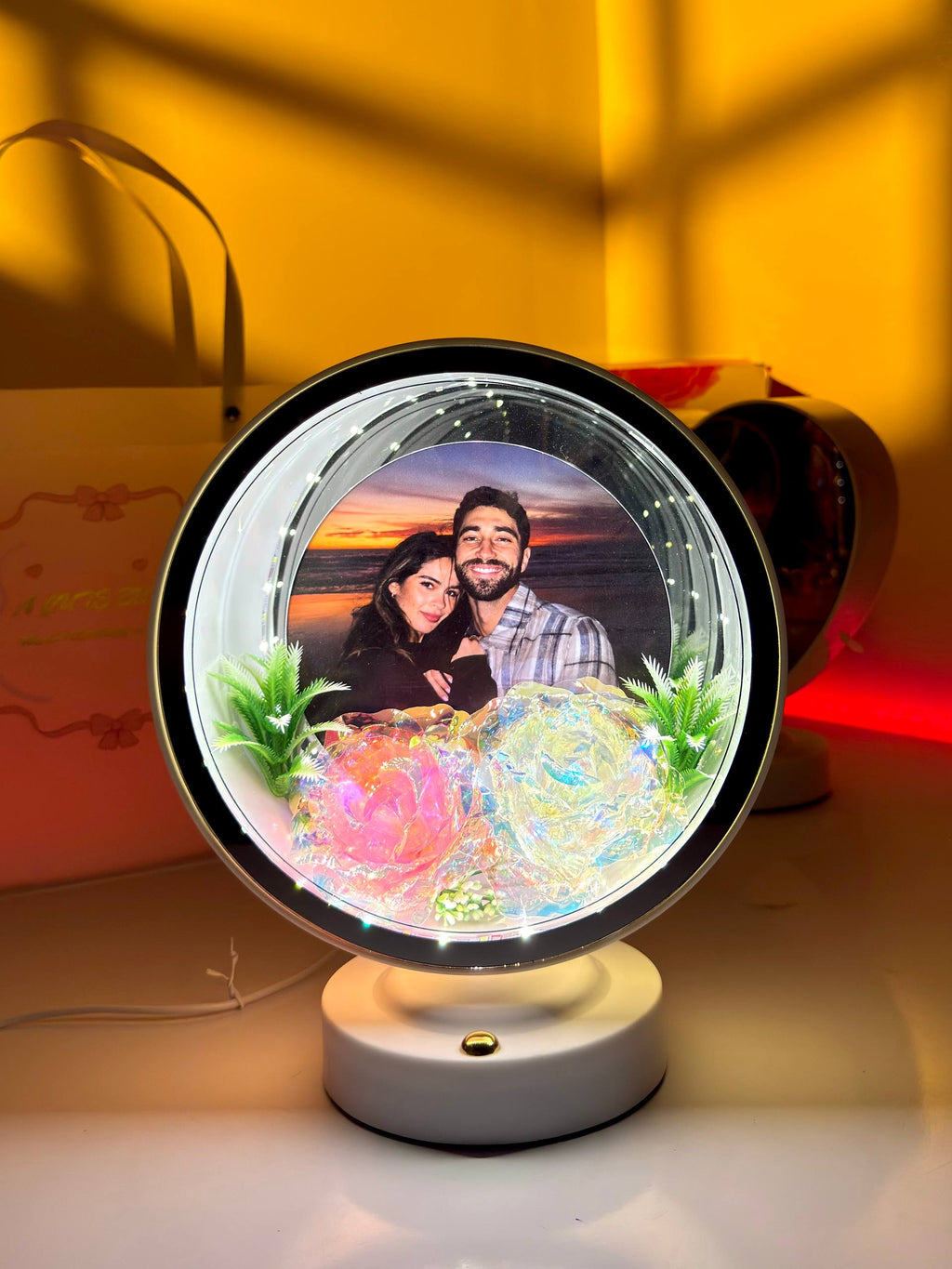 Ayat Gifts magic mirror with romantic couple photo, pink and white roses, and illuminated LED lights