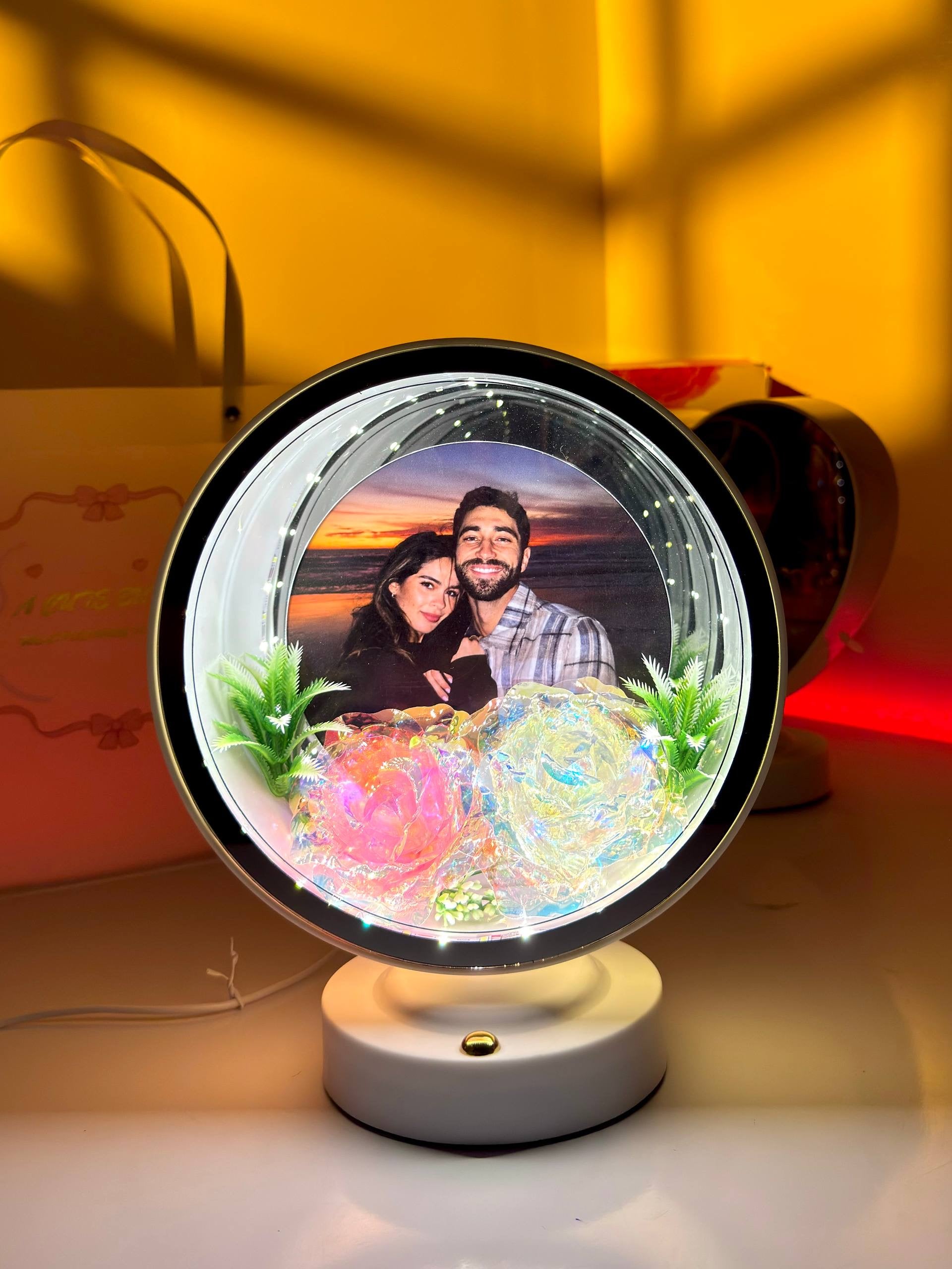 Ayat Gifts magic mirror with romantic couple photo, pink and white roses, and illuminated LED lights