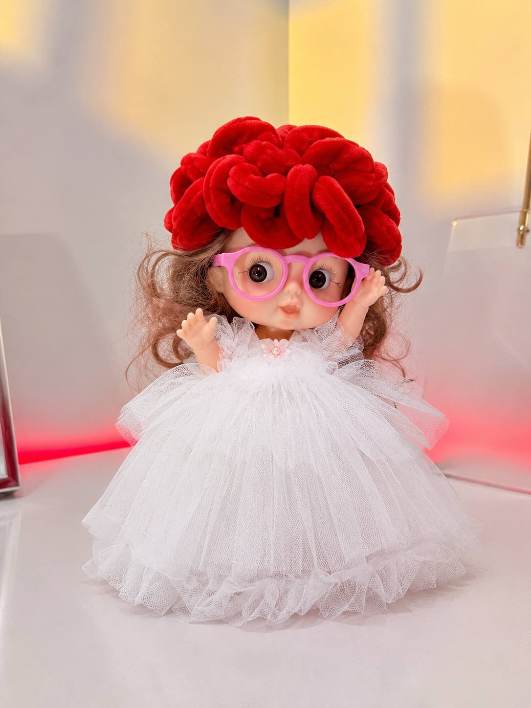 Blooming celebration doll bouquet that opens into a cute musical light-up doll